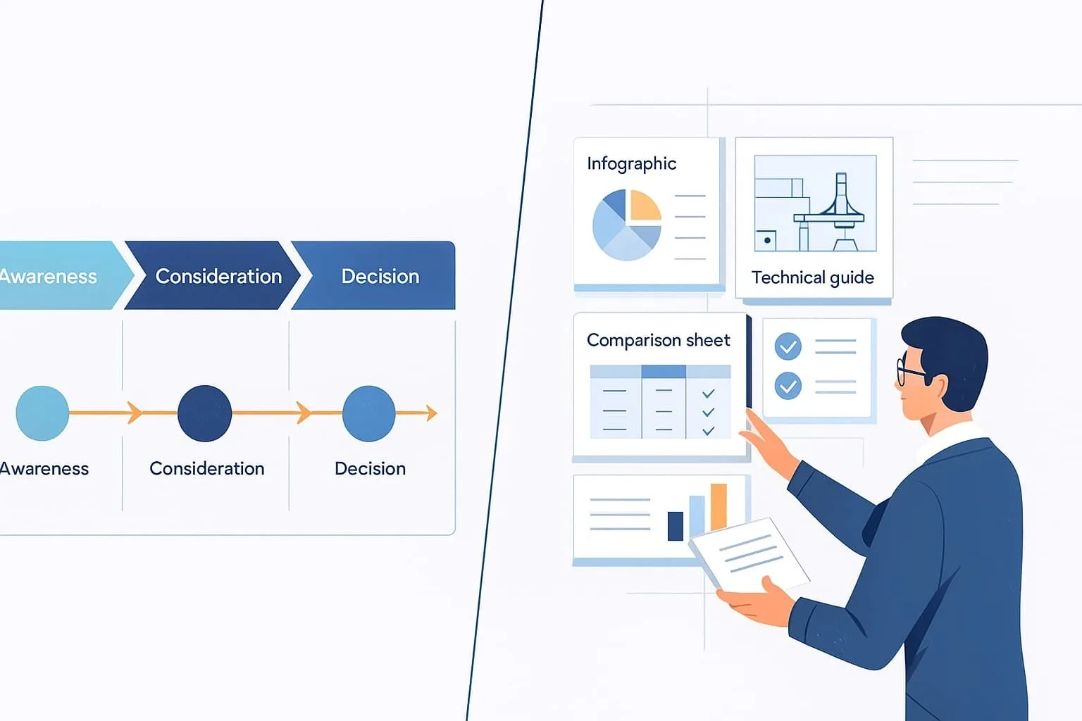“Illustration depicting the buyer's journey and various marketing materials used by a specialized B2B agency in Wyoming to assist their clients' growth”.