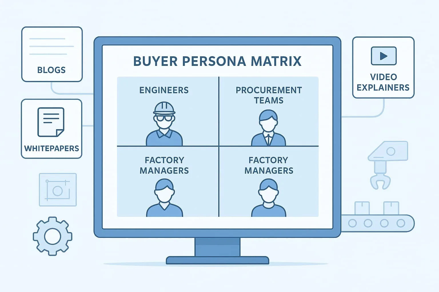 “This image depicts a buyer persona matrix for the manufacturing sector, highlighting key decision-makers such as engineers, procurement teams, factory managers, and operations personnel, relevant for B2B lead generation in this industry”.