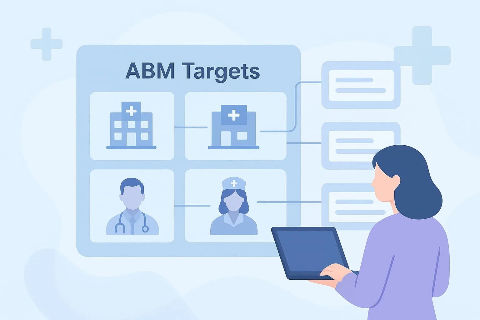 “Illustration depicting lead generation strategies for the SaaS industry, featuring a sales funnel, user profiles, and healthcare-related iconography”.