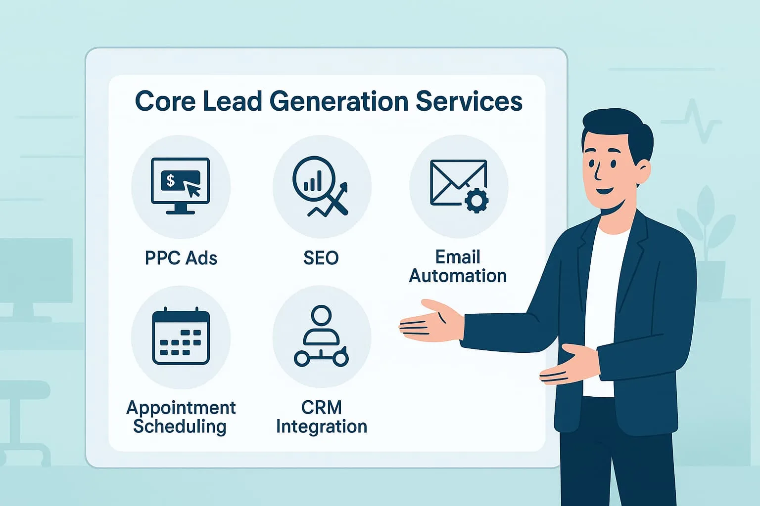"Healthcare Lead Generation Agency That Delivers: Illustration of a business professional presenting core lead generation services including PPC ads, SEO, and email automation."