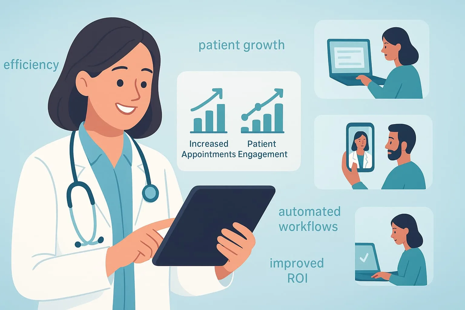 "Healthcare Lead Generation Agency That Delivers: Illustration showcasing benefits of lead generation services, including patient growth, improved efficiency, and automated workflows."