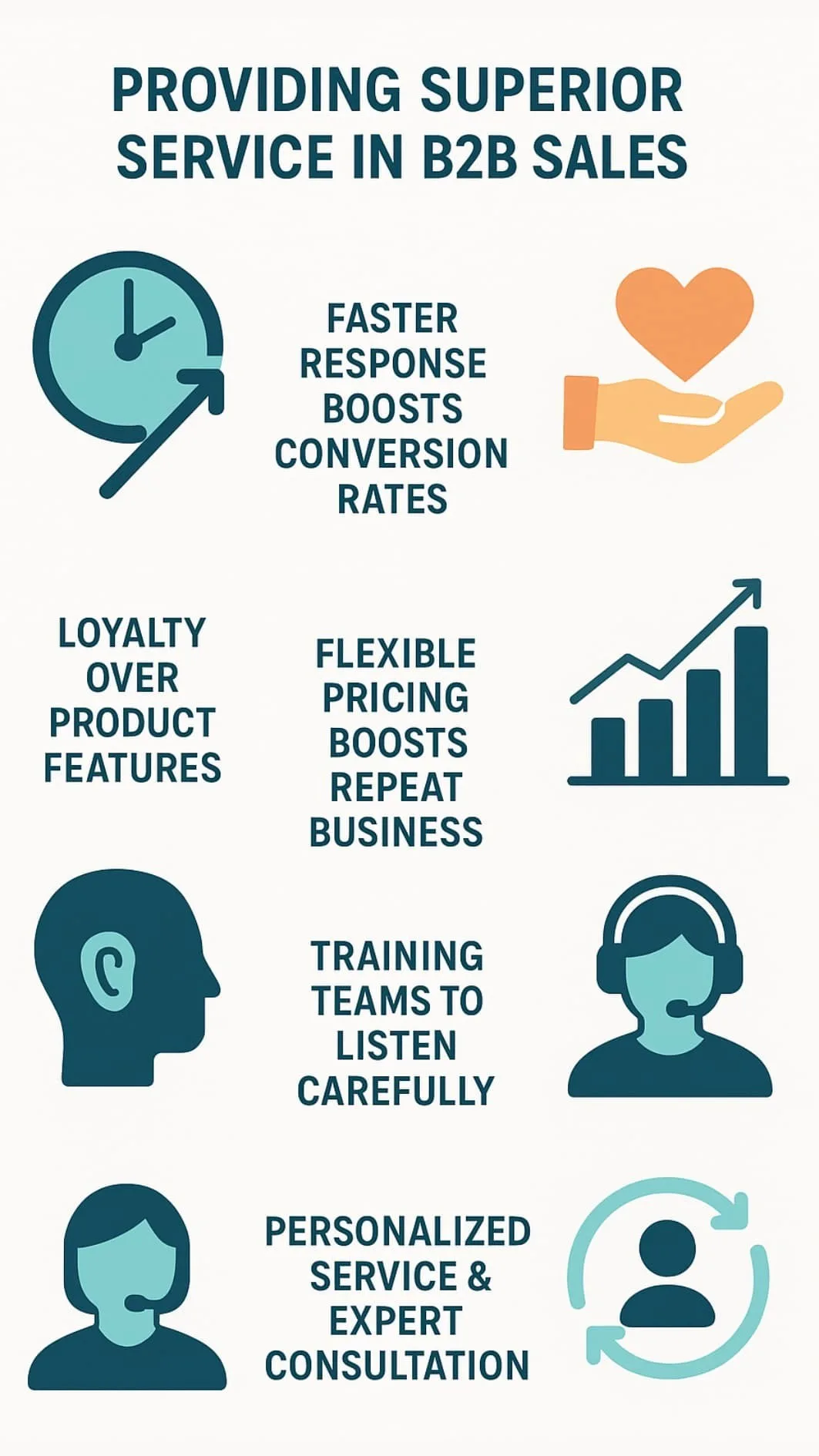 Infographic showing icons for fast response, loyalty, flexible pricing, and feedback loops to Differentiate from Competitors B2B.