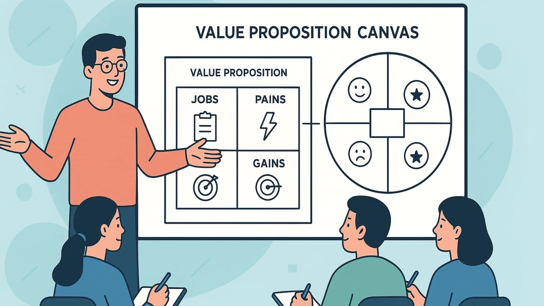 Illustration of a facilitator demystifying the Value Proposition Canvas in a Wyoming Value Proposition Workshop.