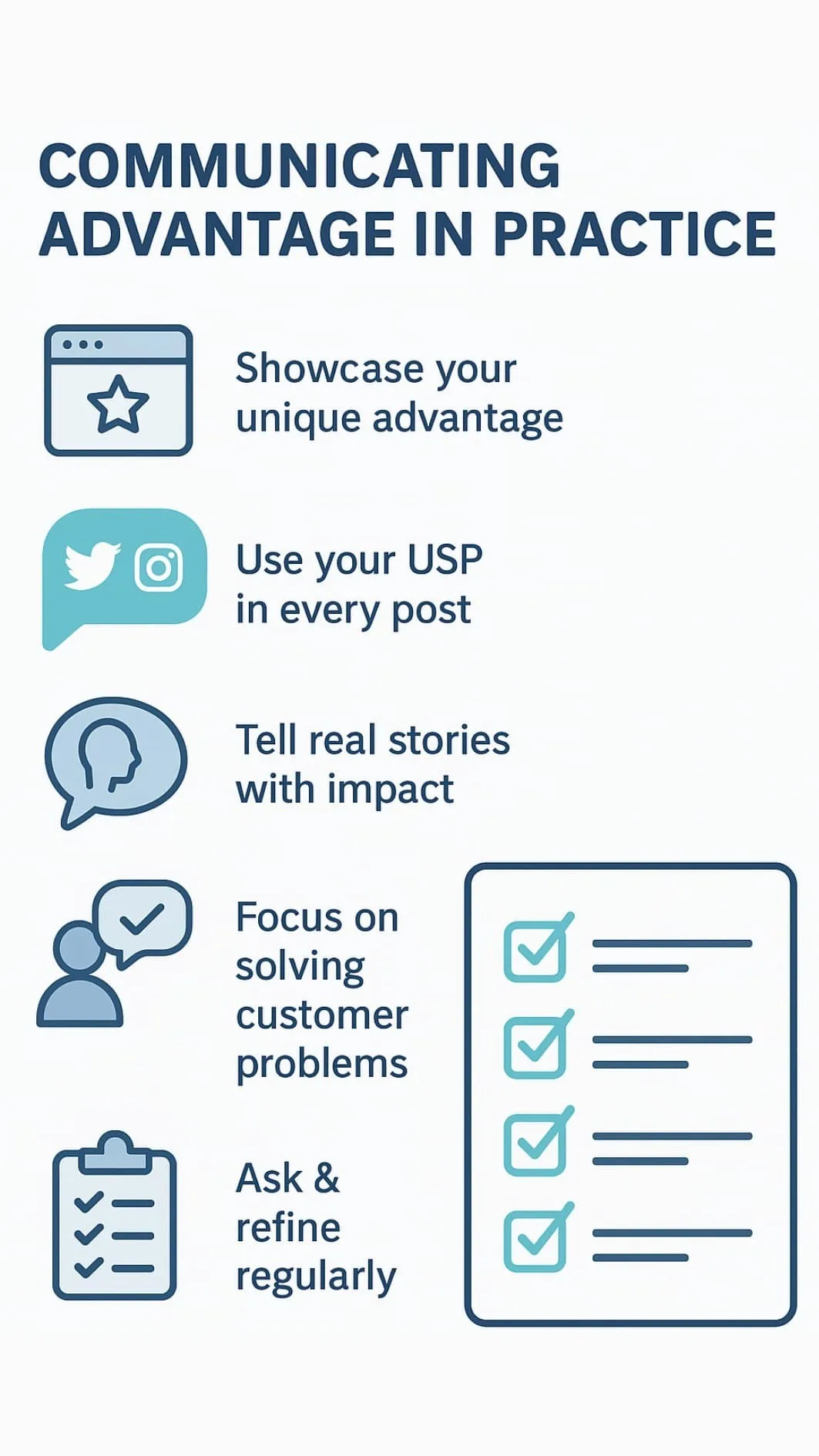 Infographic showing steps to communicate your unique advantage with icons, checklist, and simple visuals.