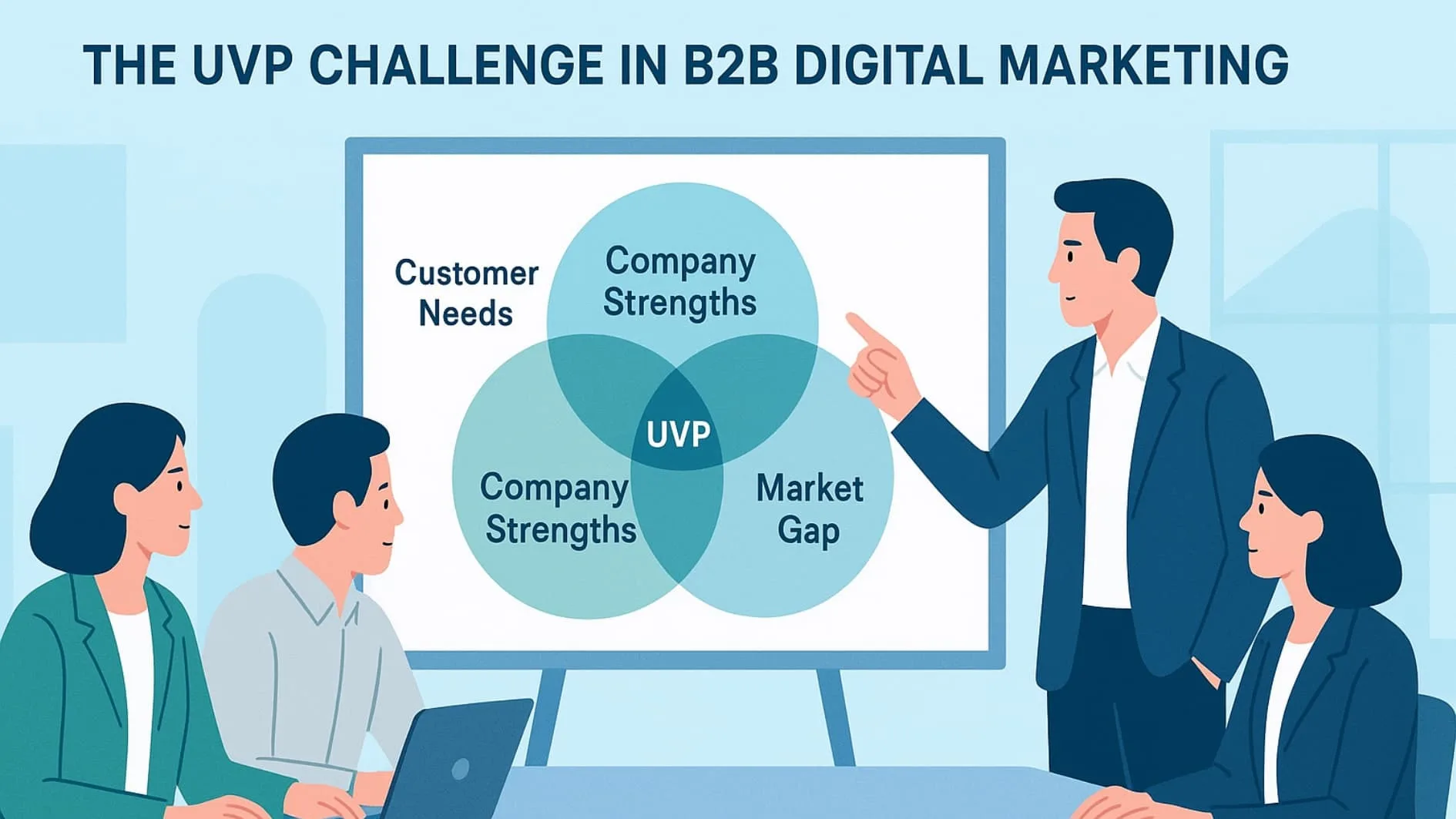 Team analyzing Digital Marketing B2B UVP Examples using a Venn diagram to find market fit.