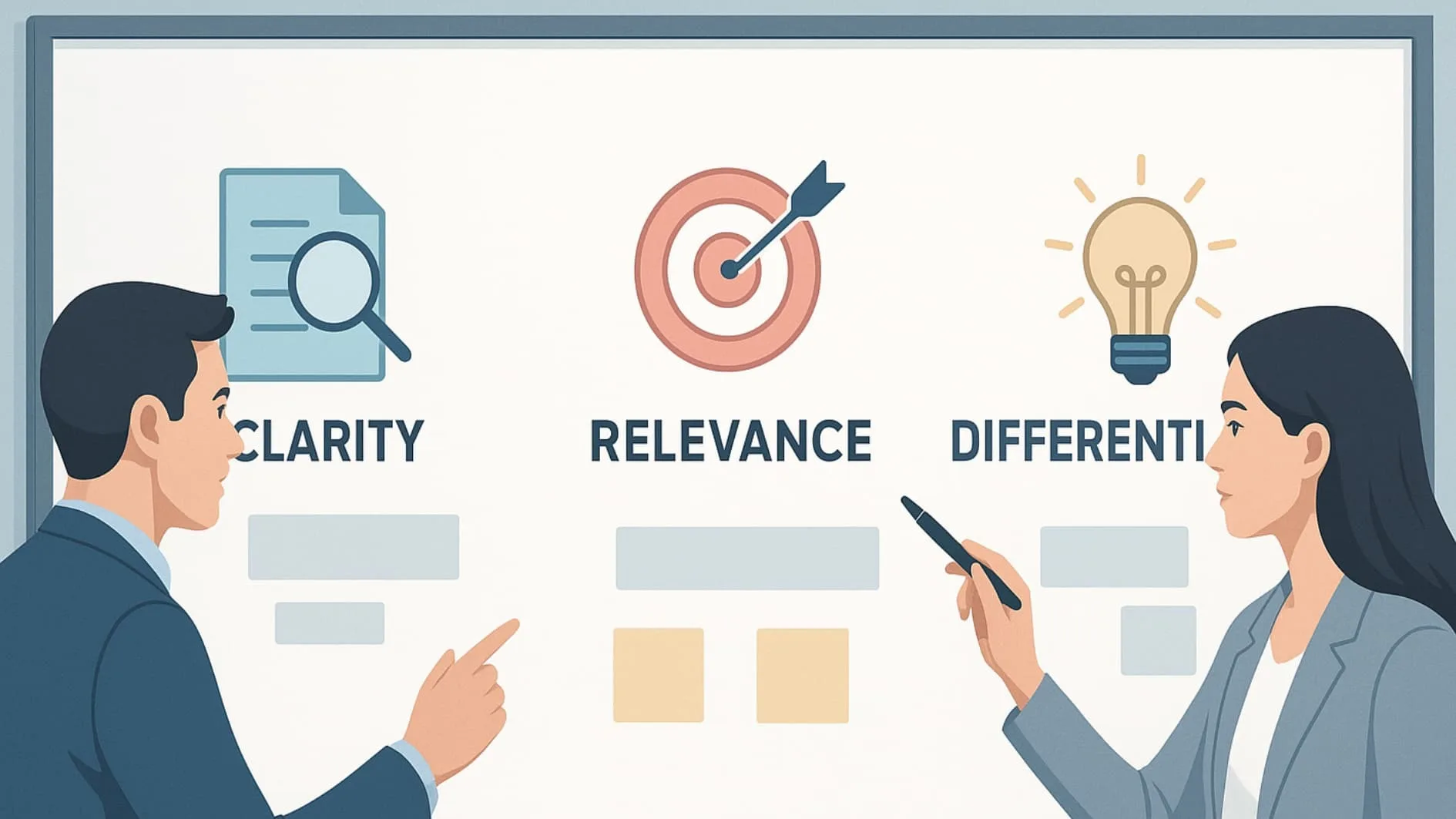 Illustration of a scene showing key elements of defining unique value proposition in a business meeting.