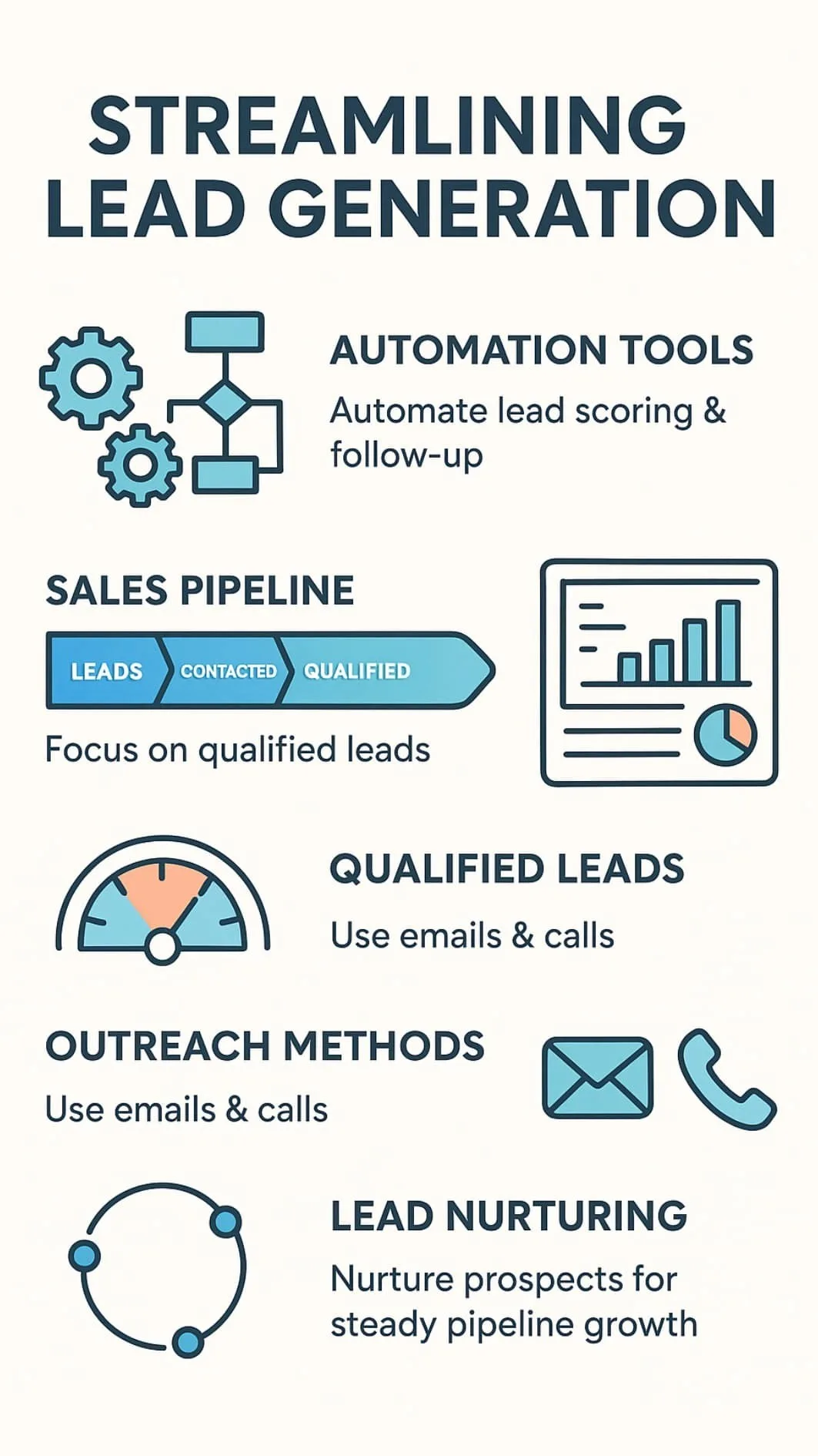 Infographic showing automation, lead scoring, and nurturing steps for a consistent pipeline filling service.