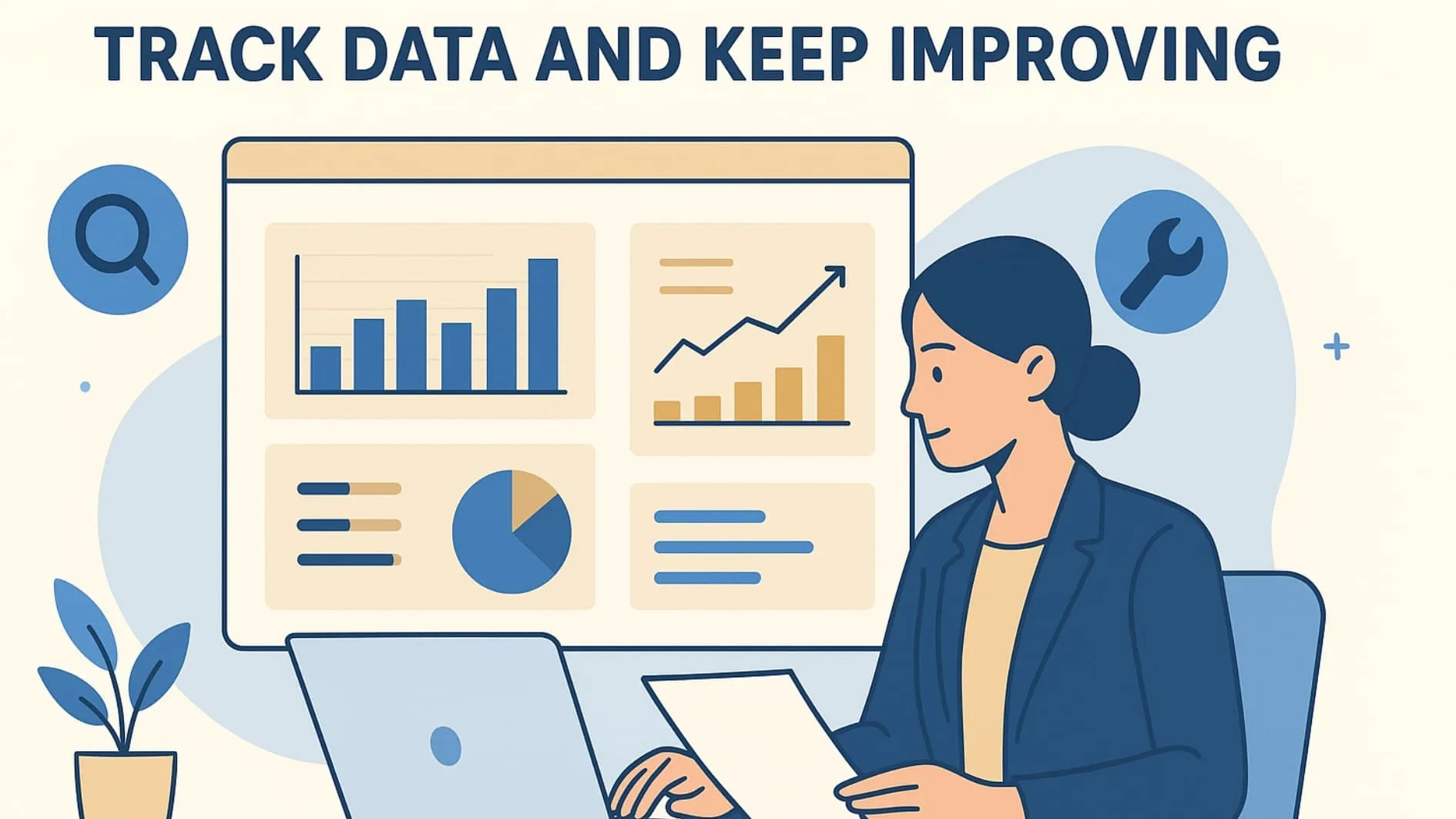 Illustration showing tracking data and improving processes for optimizing agency lead generation.