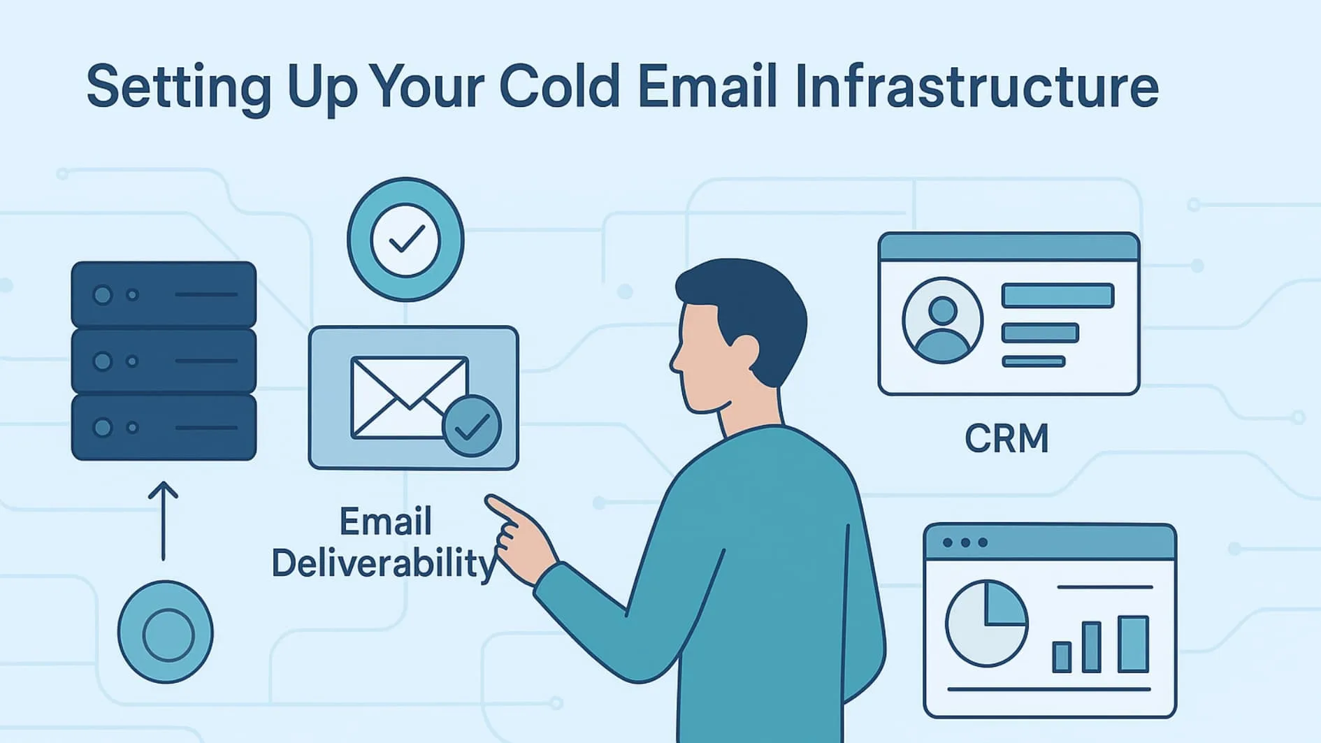 Illustration of setting up cold email infrastructure with CRM and deliverability tools for a high-converting system.