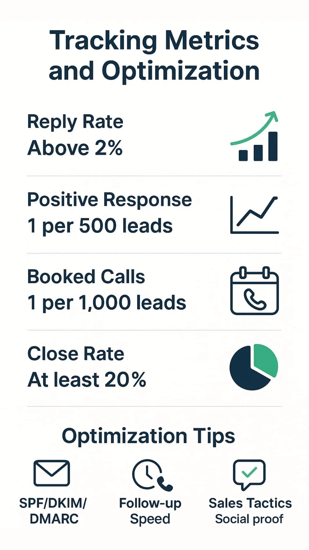 Infographic for High-Converting Cold Email Outreach System: Tracking Metrics and Optimization with charts and icons.