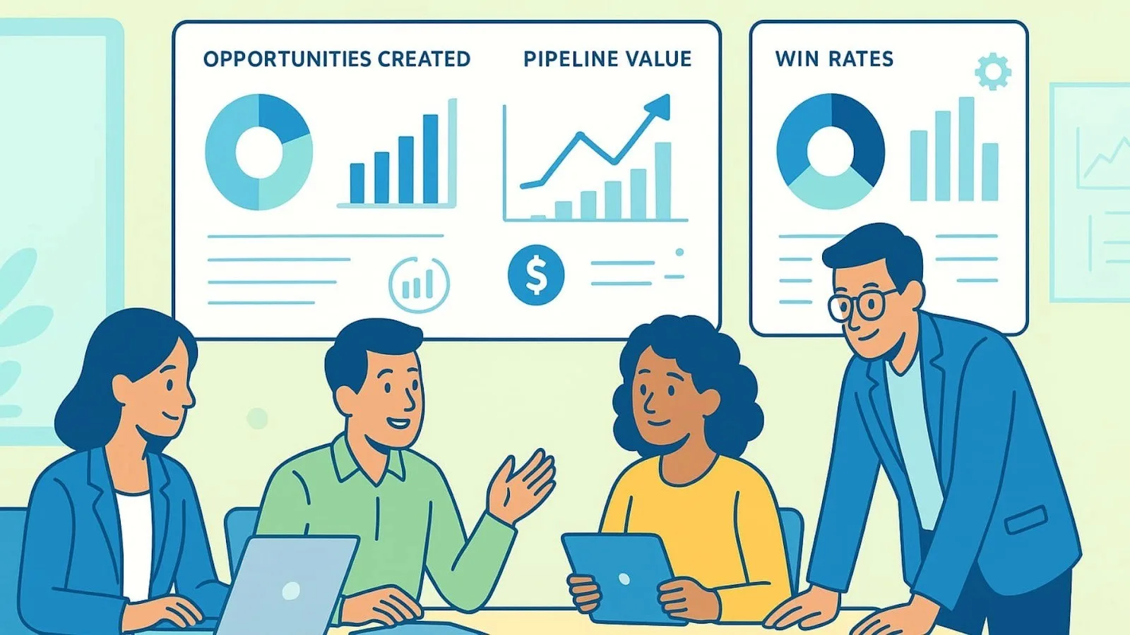 Sales team tracking and analyzing dashboards for key metrics pipeline growth.