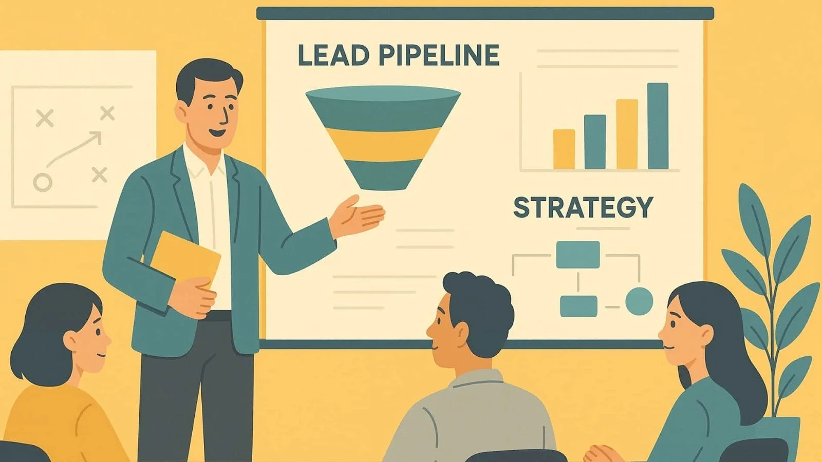 Illustration of a business presentation on lead generation strategy and its impact on revenue growth.