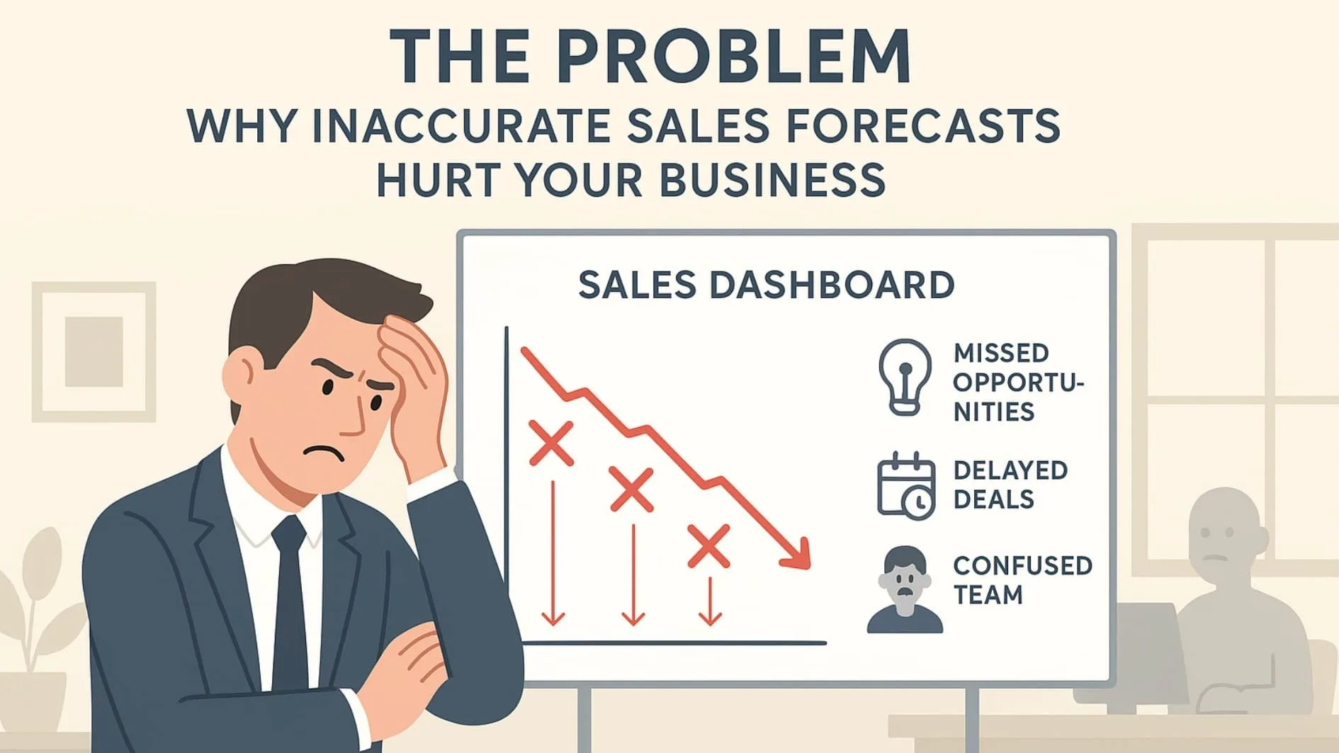 Frustrated sales manager reviewing data highlighting poor forecasting sales pipeline accuracy.