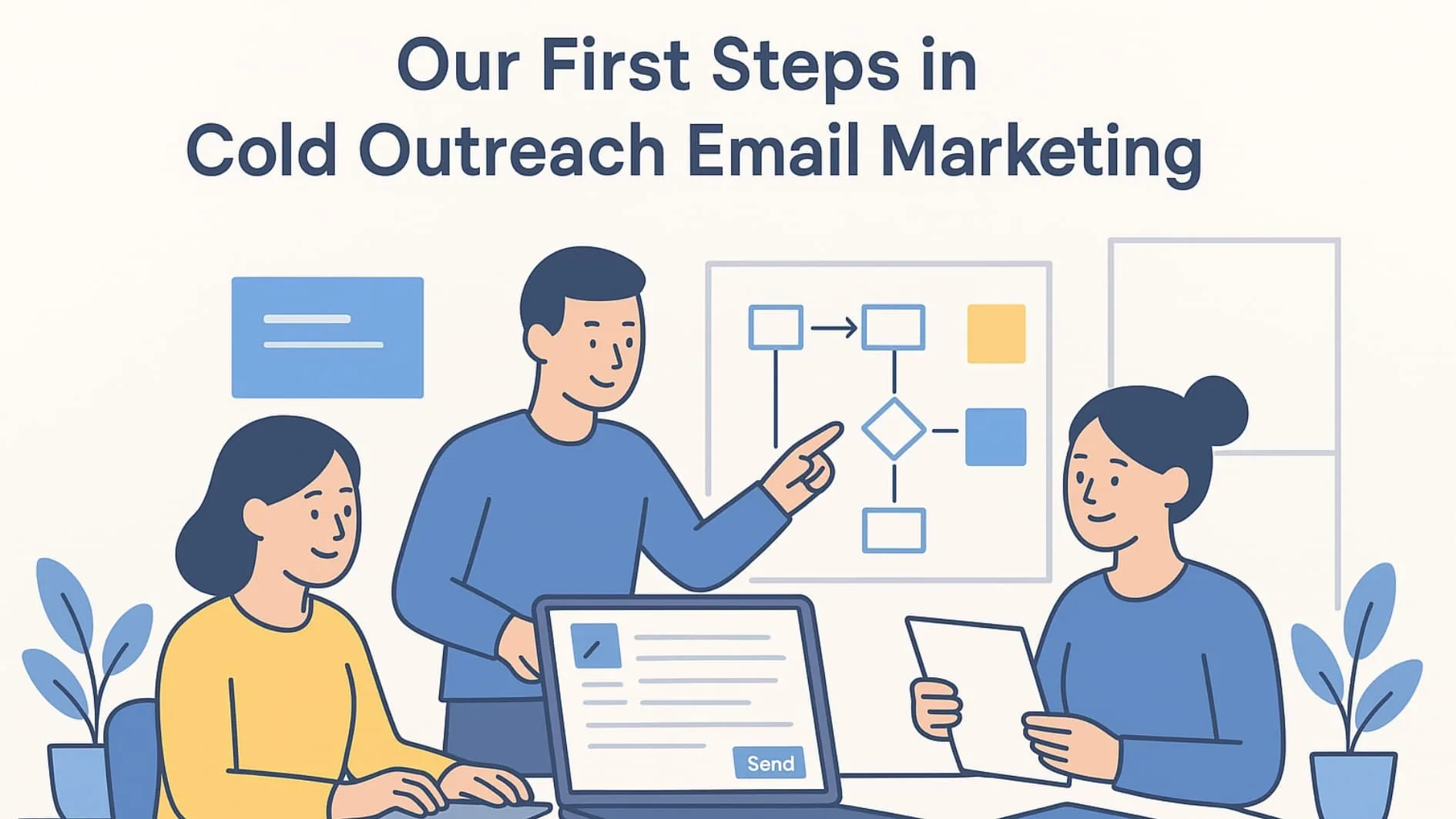 Team planning first steps in cold outreach success story email marketing.