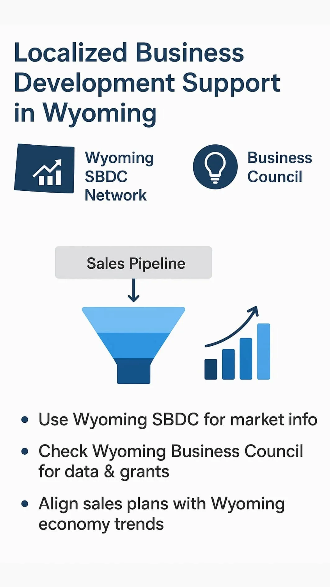 Infographic showing Wyoming sales pipeline development with local business support and growth icons.
