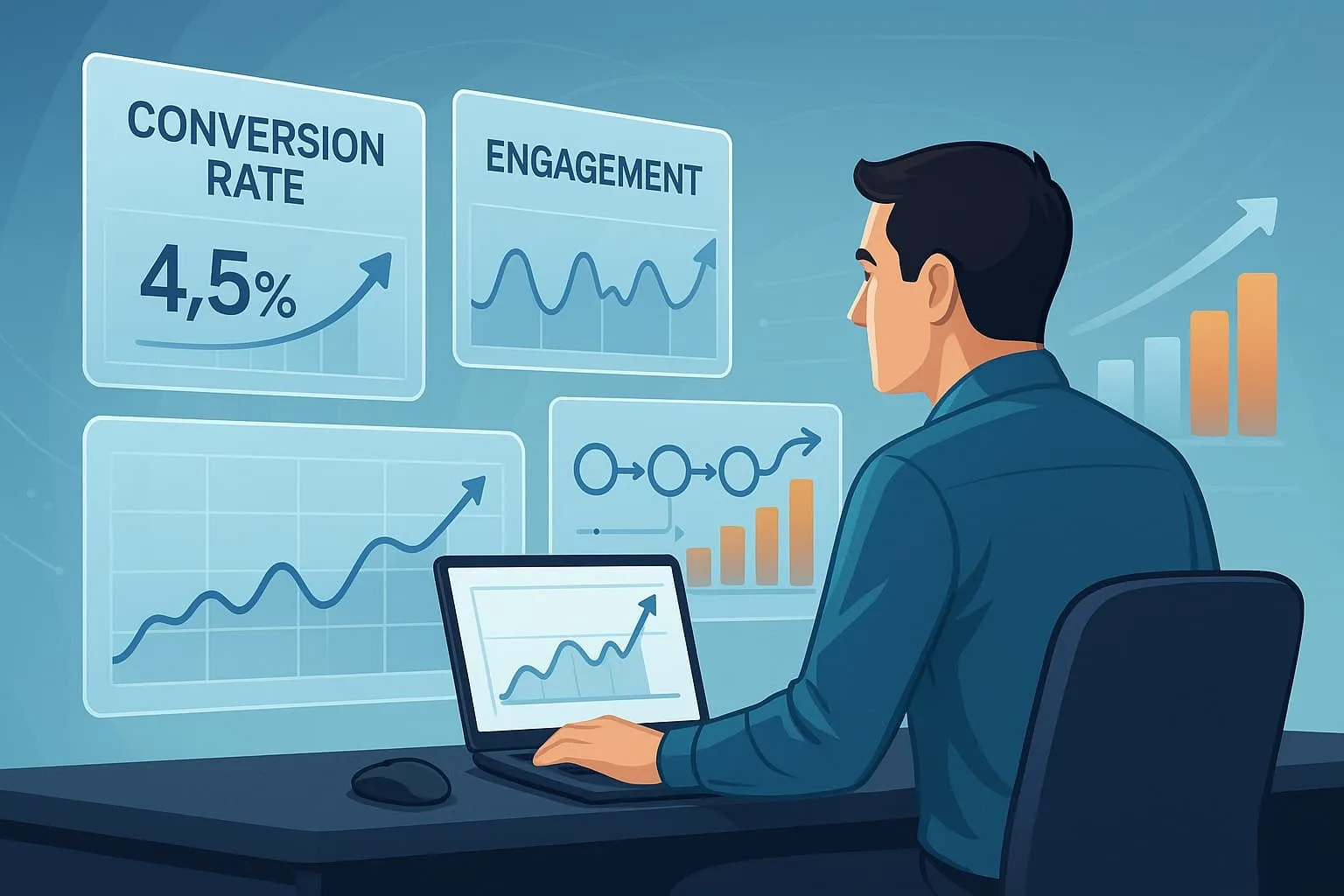 “Illustration of a data analyst reviewing conversion rate and engagement analytics to optimize segment-based nurturing strategies”.