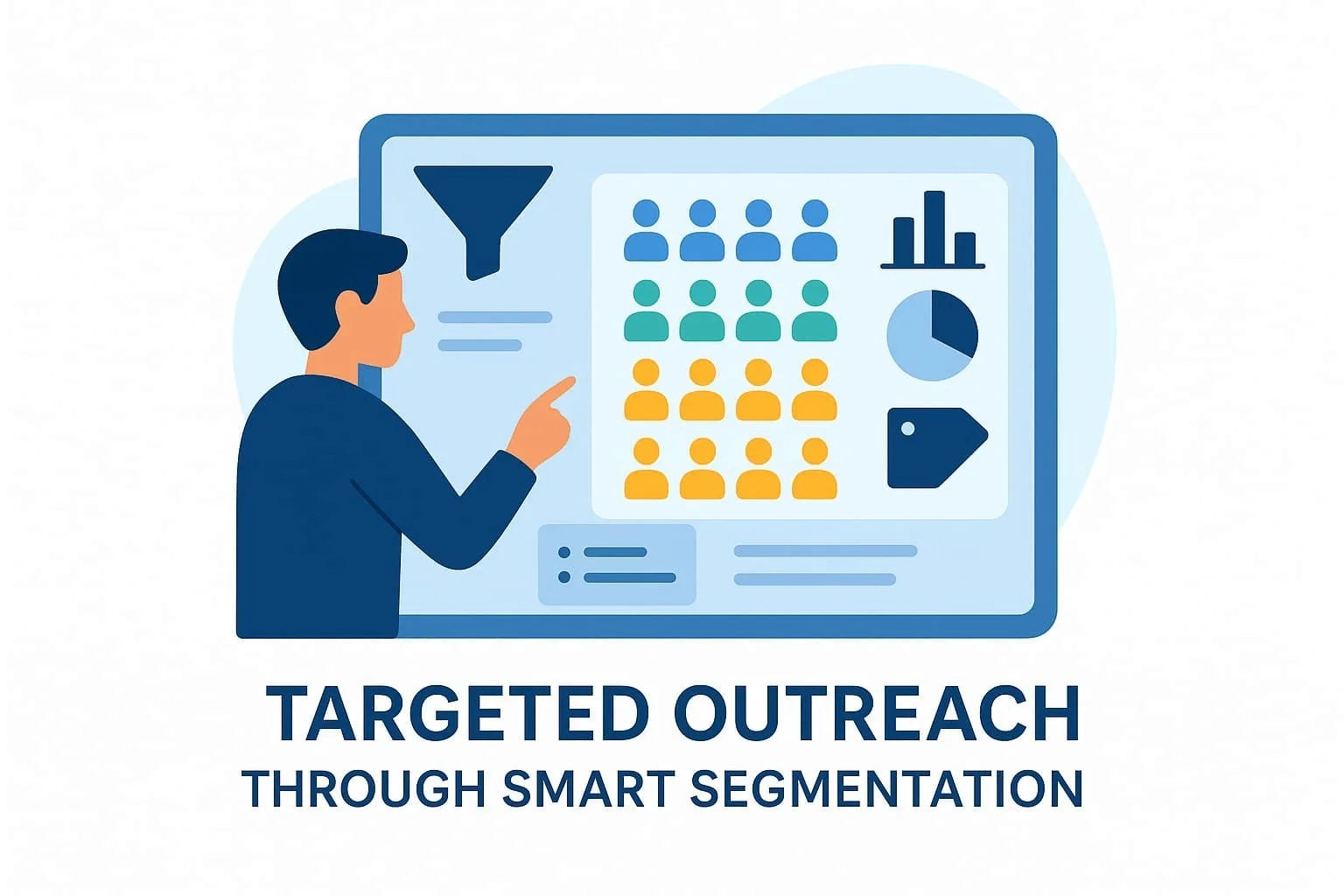 “Targeted outreach through smart segmentation, as depicted by a person analyzing customer data and visualizations on a screen”.