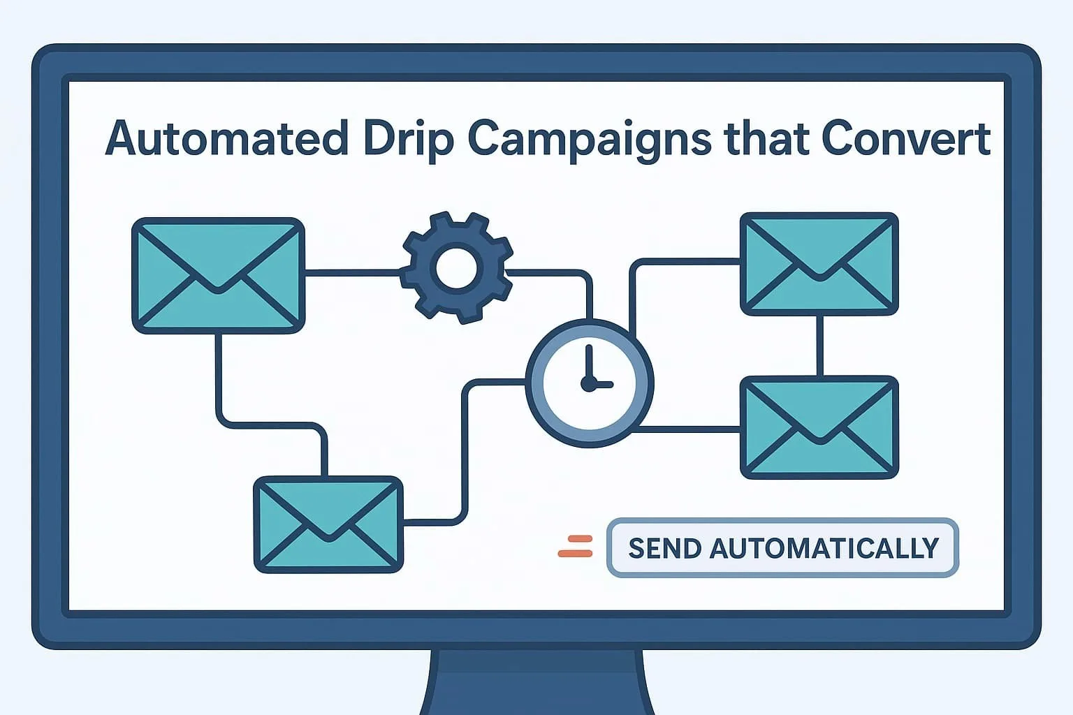 “Automated drip campaigns that convert, a tactic for re-engaging dormant leads, depicted through visual icons and workflow”.