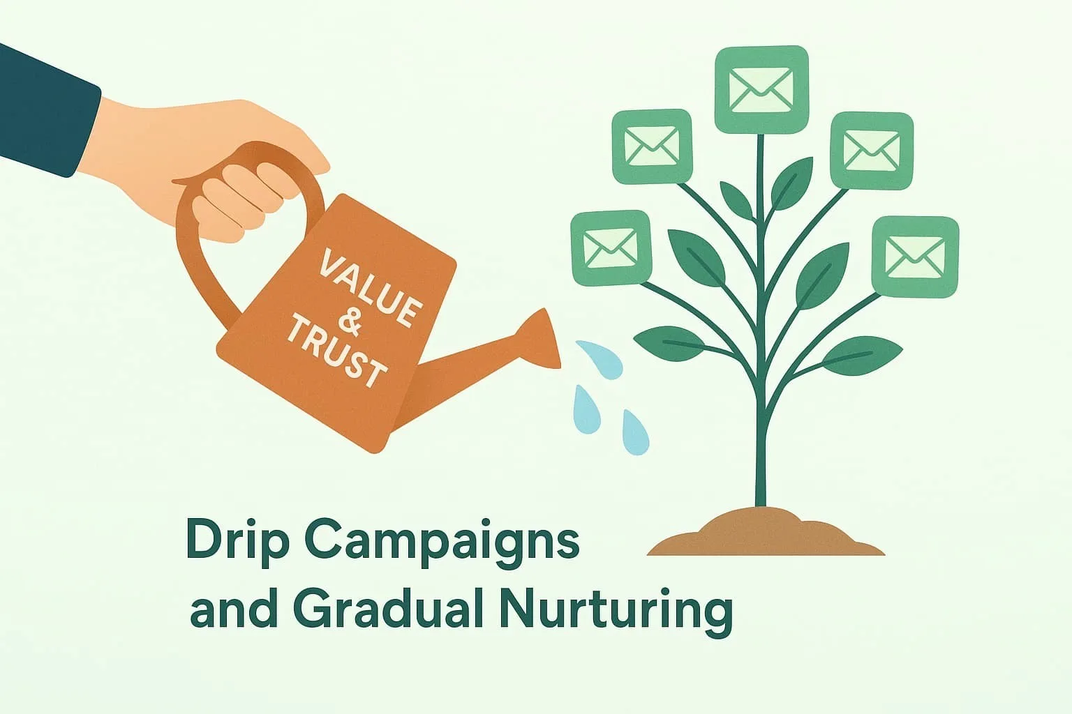 “Drip campaigns and gradual nurturing to re-engage dormant leads, building value and trust, as depicted by a watering can and email icon plant”.