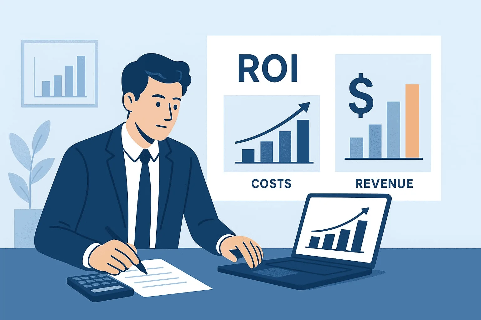 “Illustration of a businessman reviewing financial data and metrics like revenue, costs, and ROI on a laptop and calculator, highlighting the importance of accurate measurement”.