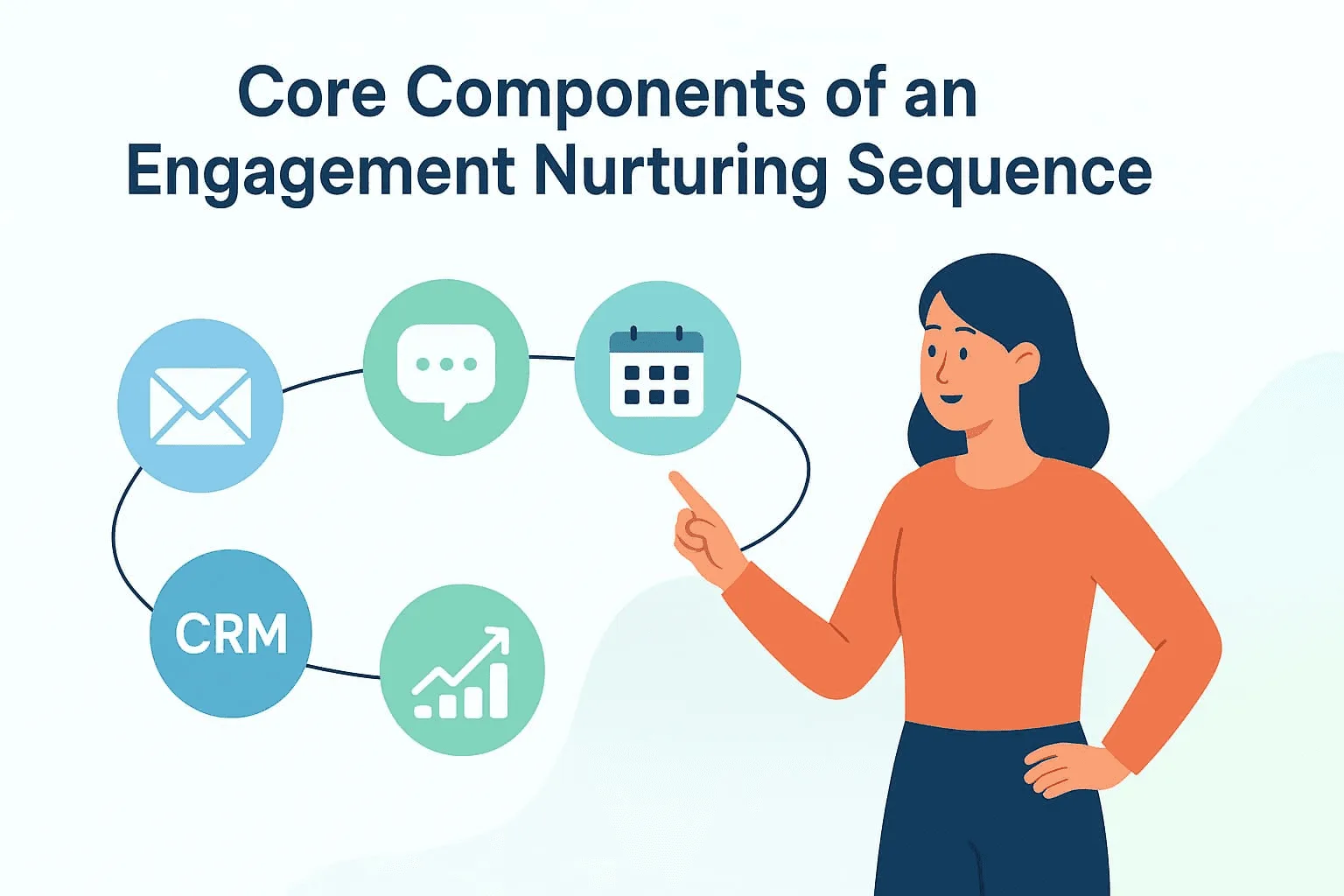 “Core components of an engagement nurturing sequence, including email, communication, calendar, and CRM, with a woman pointing to explain the process”.