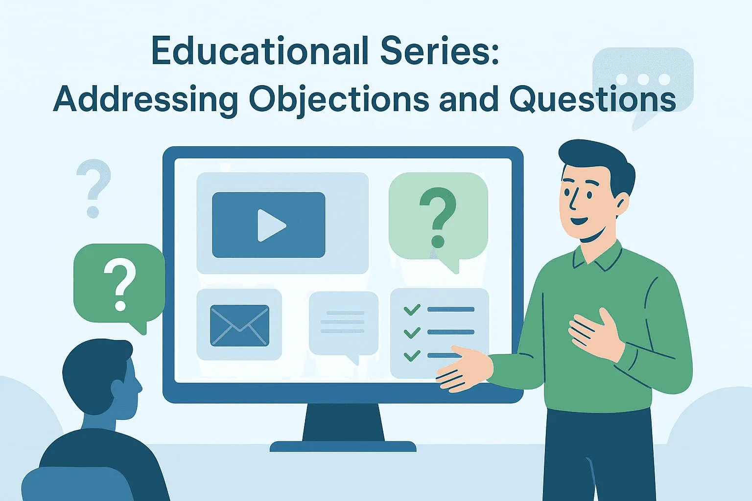ducational series addressing objections and questions, with a computer screen displaying icons and a person explaining concepts”.
