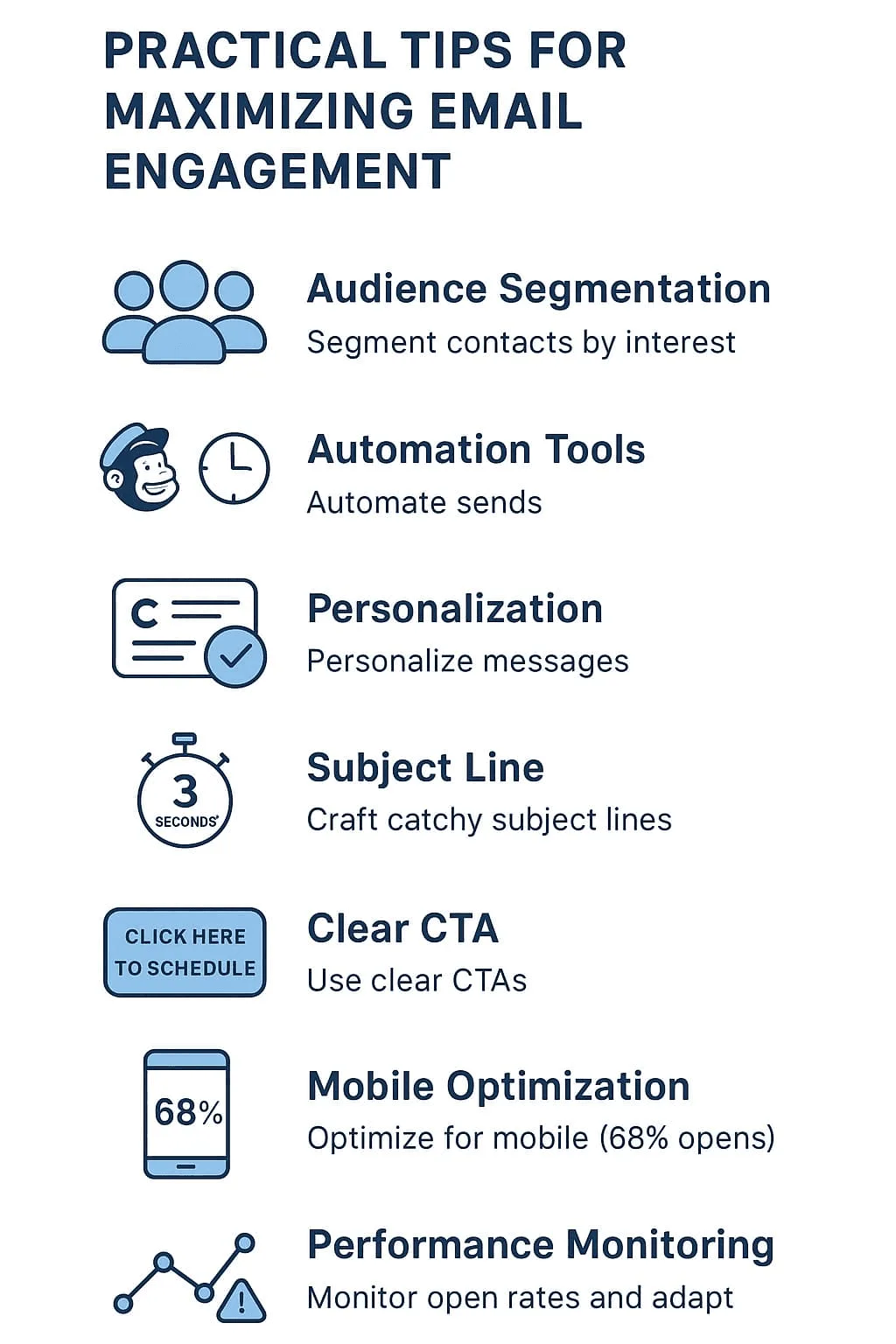 “Practical tips for maximizing email engagement, including audience segmentation, automation tools, personalization, subject lines, clear CTAs, mobile optimization, and performance monitoring”.