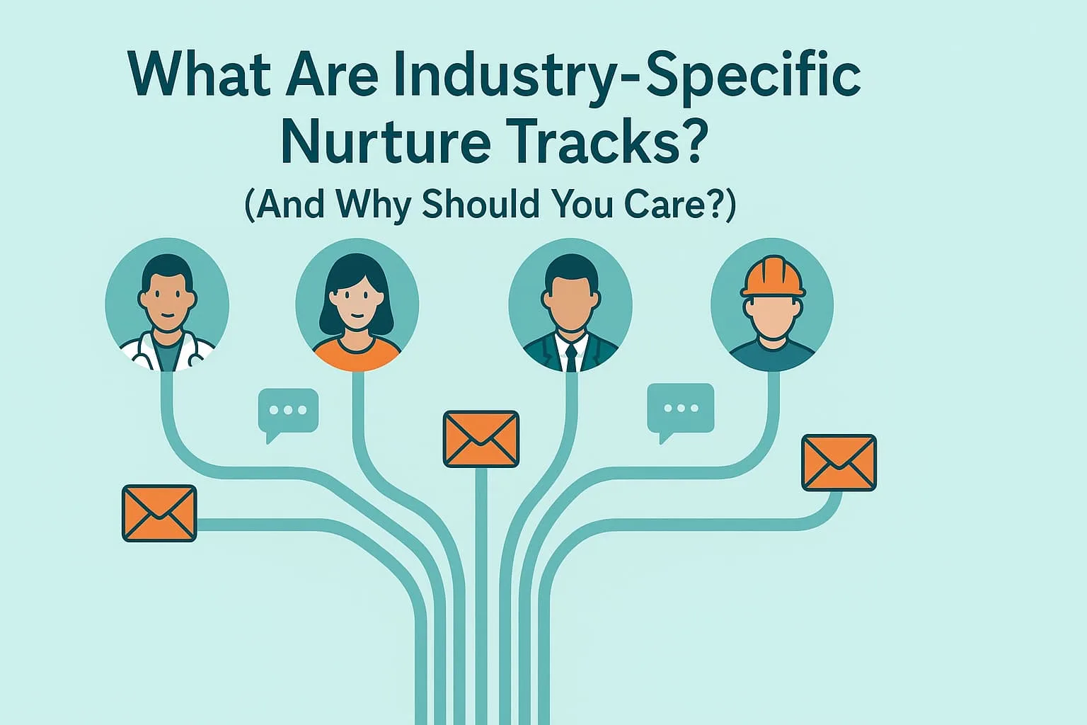 “The image discusses industry-specific nurture tracks and why they are important. It features icons representing different occupations, including a doctor, engineer, and business professional”.
