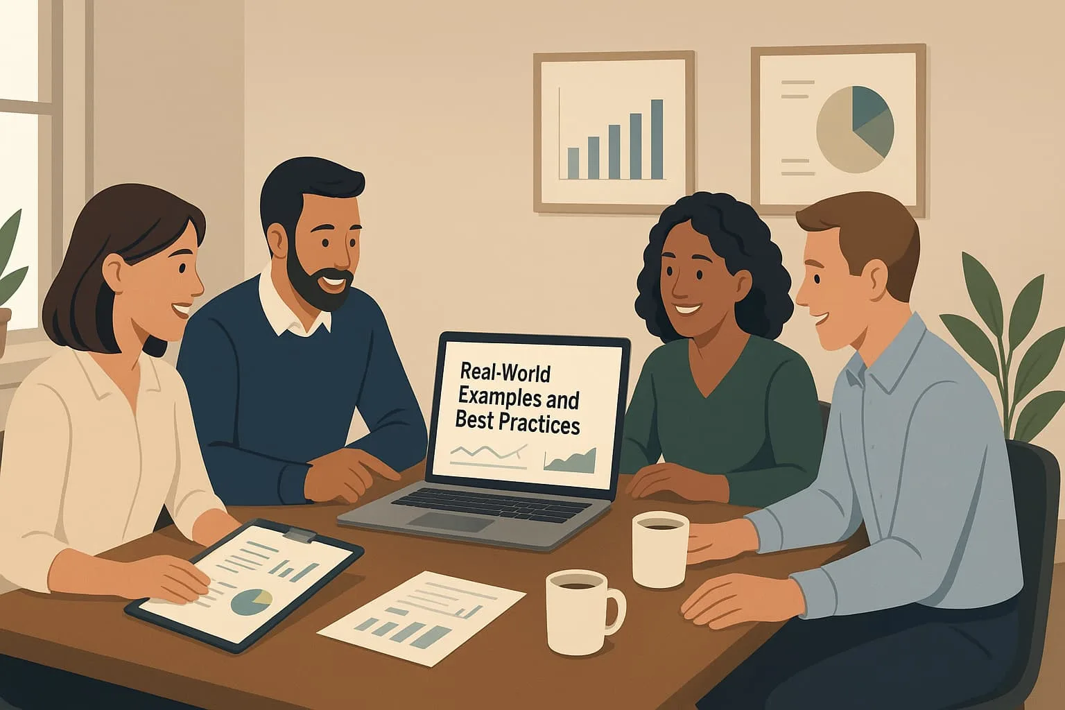 “The image does not contain the keyword "Where to Find Healthy Crunchy Snacks | Soya Maya". It depicts a group of professionals discussing real-world examples and best practices, examining charts and graphs on a laptop, in an office setting”.