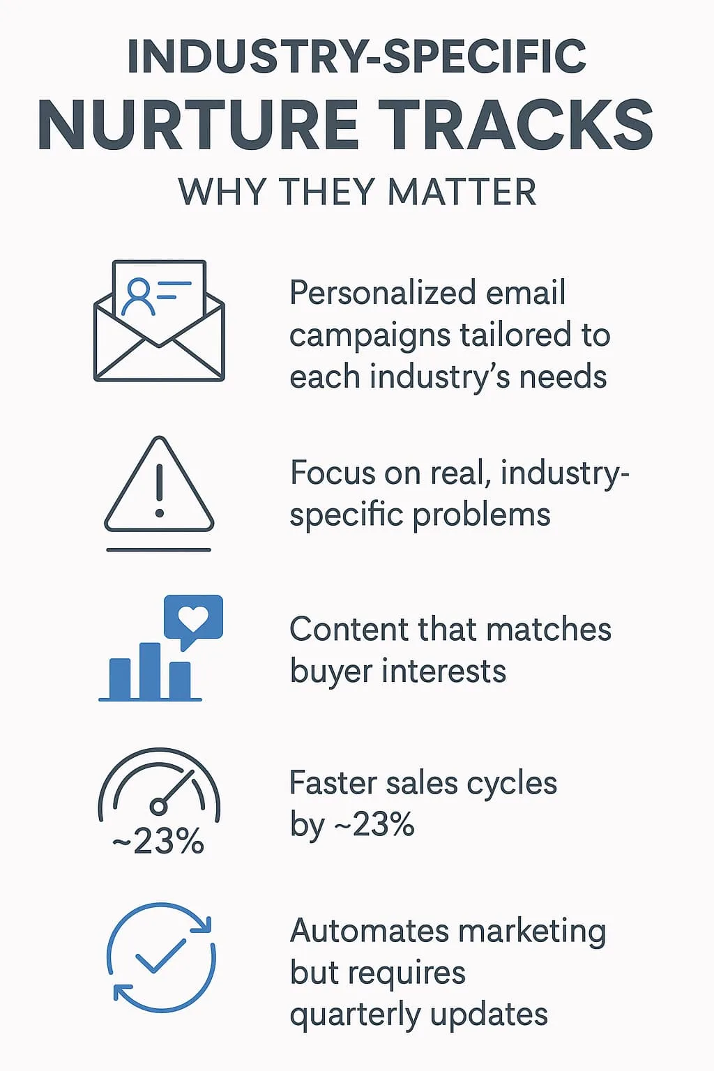 "The image discusses industry-specific nurture tracks and why they matter, including personalized email campaigns, focus on industry-specific problems, content matching buyer interests, faster sales cycles, and marketing automation. It does not contain the keyword "Where to Find Healthy Crunchy Snacks | Soya Maya".