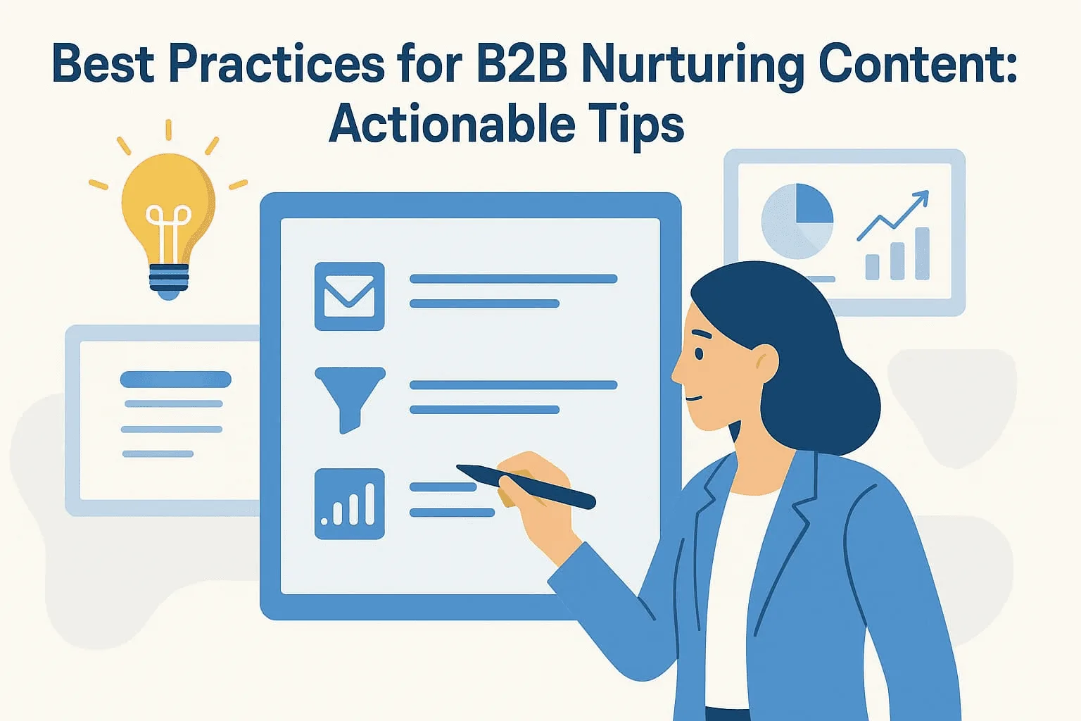 “Actionable tips for effective B2B nurturing content, including email, analytics, and automation tools to drive conversions”.
