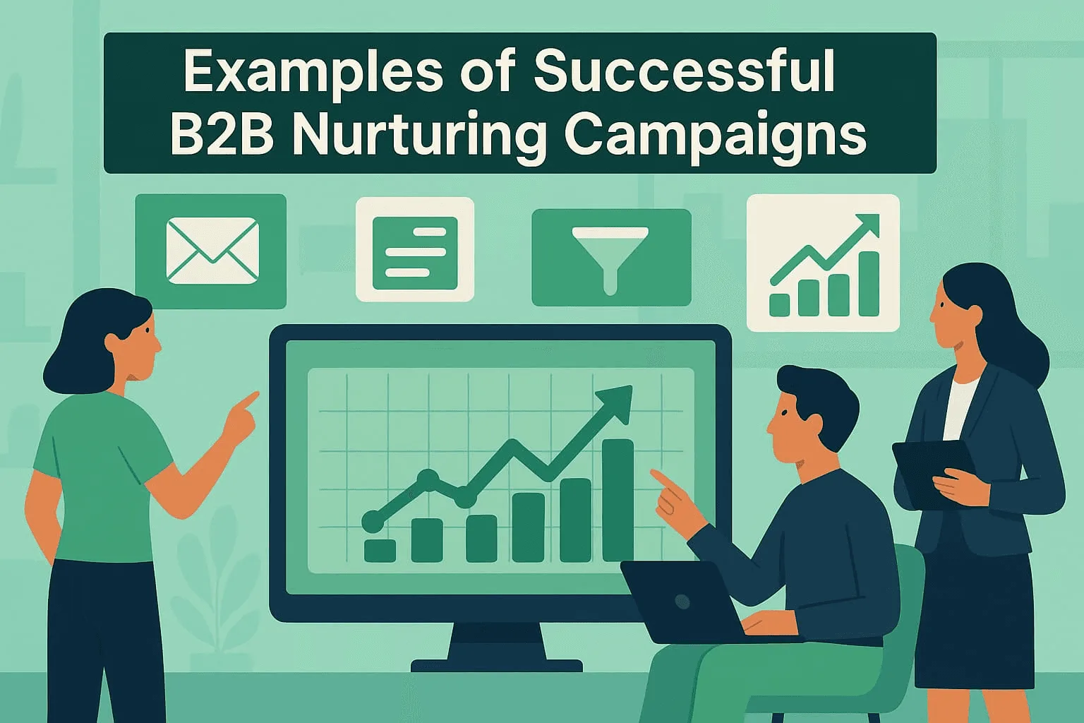 “Examples of effective B2B nurturing campaigns, showcasing email, content, analytics, and collaborative discussions to drive conversions”.