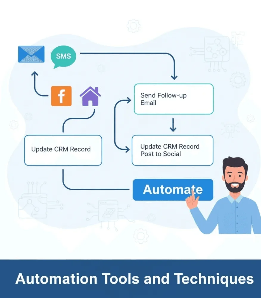 “Illustration highlighting automation tools and techniques for nurturing leads, including updating CRM records, sending follow-up emails, and posting to social media”.