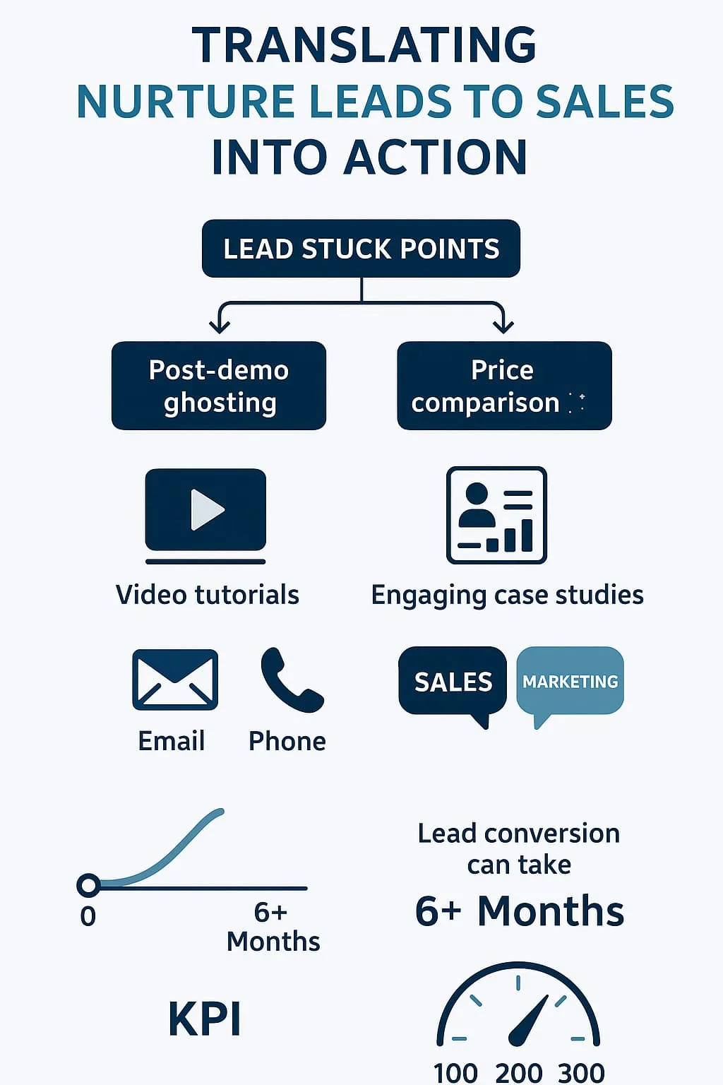 “Infographic depicting strategies and tactics for nurturing leads and converting them into sales, including marketing tools and timelines”.