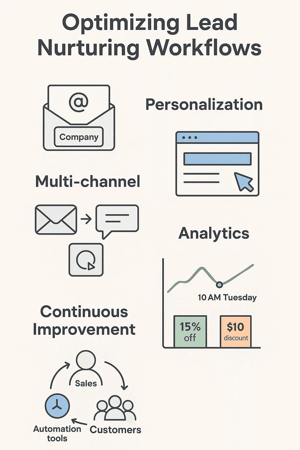 “Infographic showcasing key elements for optimizing lead nurturing workflows, including personalization, multi-channel, analytics, and continuous improvement”.