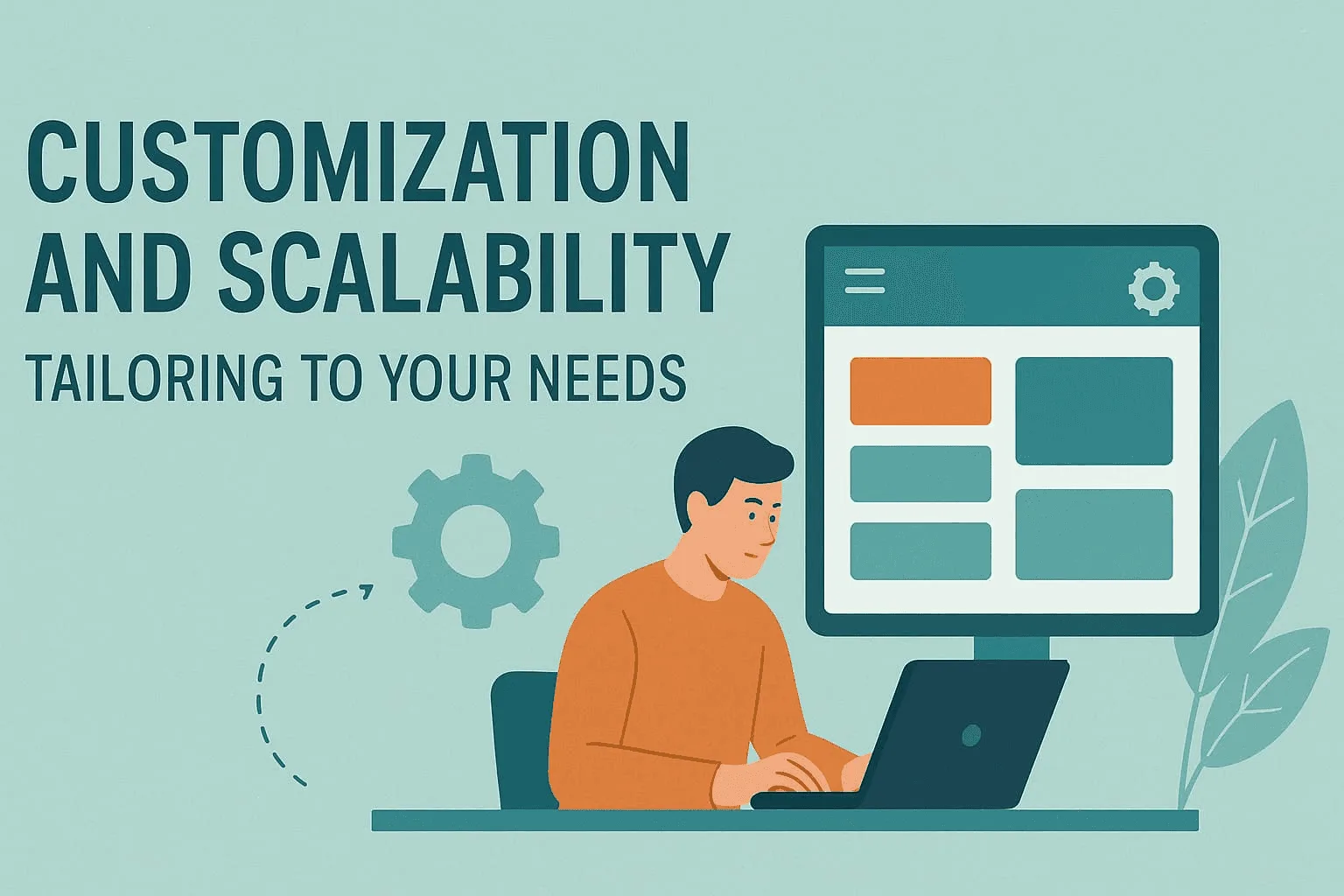 “The image does not depict information related to integrating sales database tools to win clients. It focuses on customization and scalability, with a person working on a computer and text stating "Customization and Scalability: Tailoring to Your Needs".