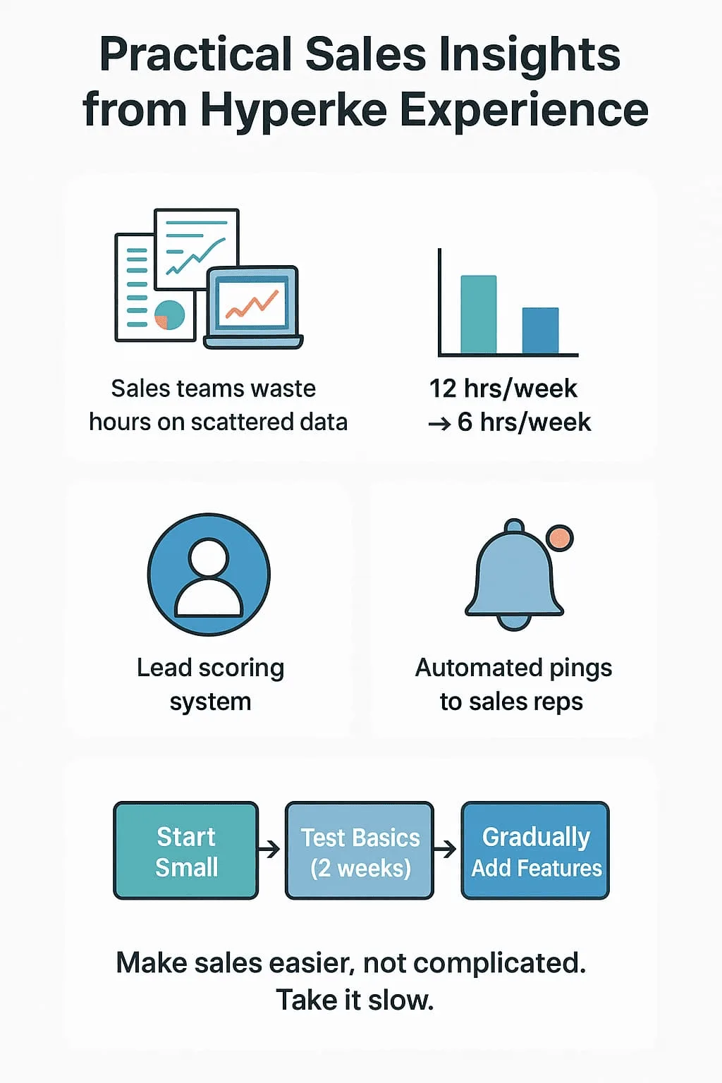 “The image does not focus on integrating sales database tools to win clients. It provides practical sales insights and tips from the Hyperke experience, such as reducing time spent on scattered data, using lead scoring systems, and gradually adding features”.