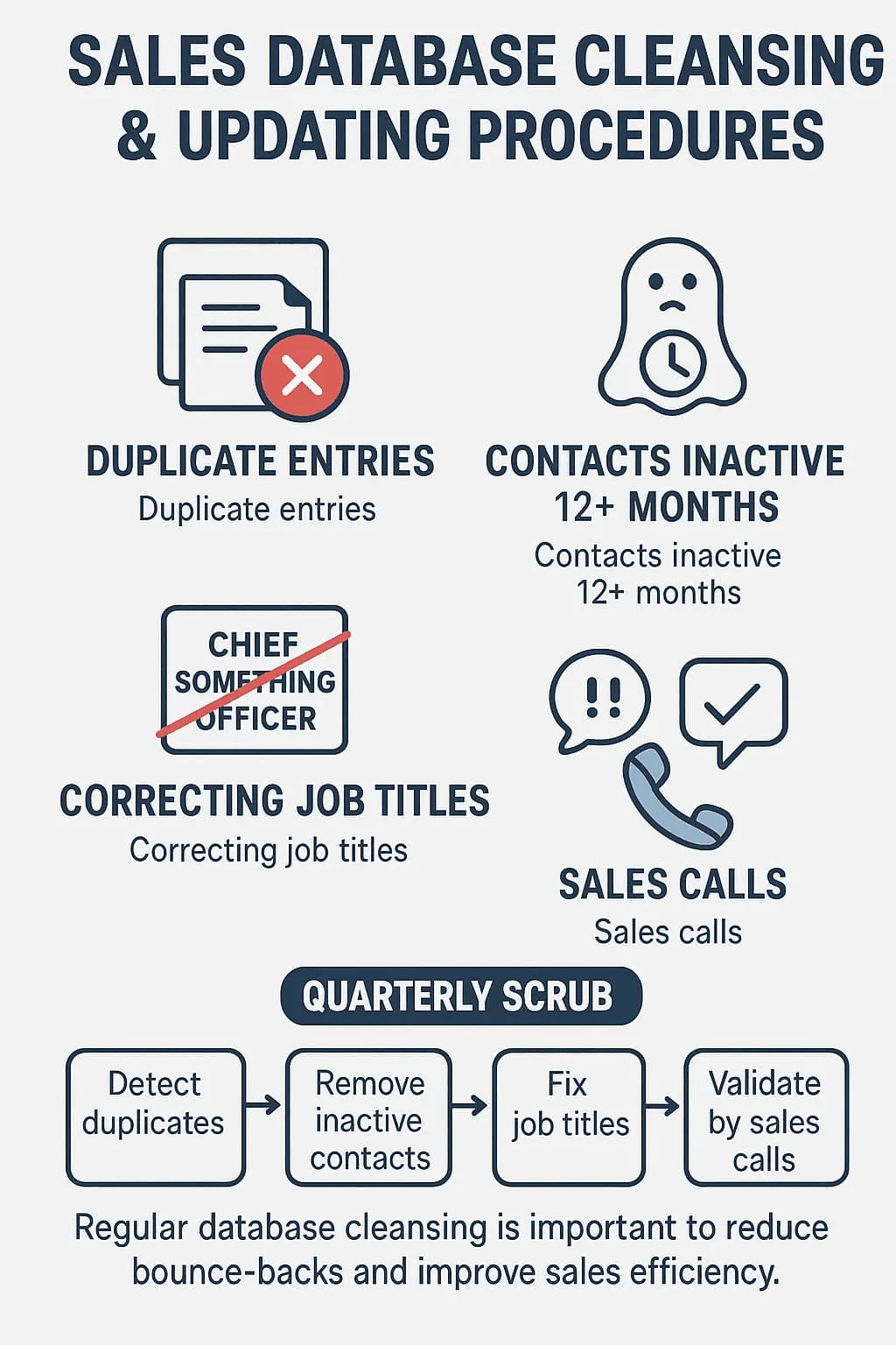 “The image outlines essential sales database cleansing and updating procedures, highlighting the importance of maintaining an accurate sales database for sales efficiency and success”.