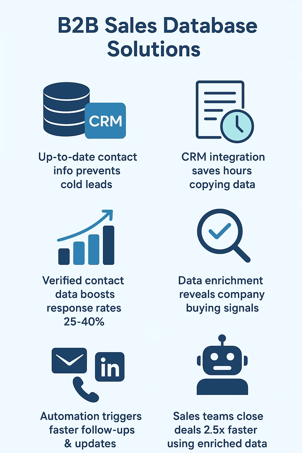 B2B Sales Database infographic showing CRM sync, verified data, enrichment, automation, and faster deal cycles.