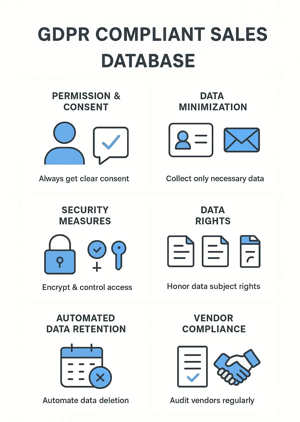 GDPR compliant sales database: consent, minimize data, secure access, honor rights, automate deletion, audit vendors.