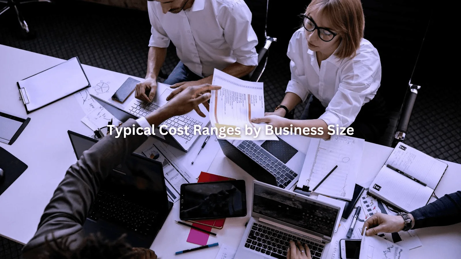 Business team reviewing documents about typical data scrubbing services cost by business size.