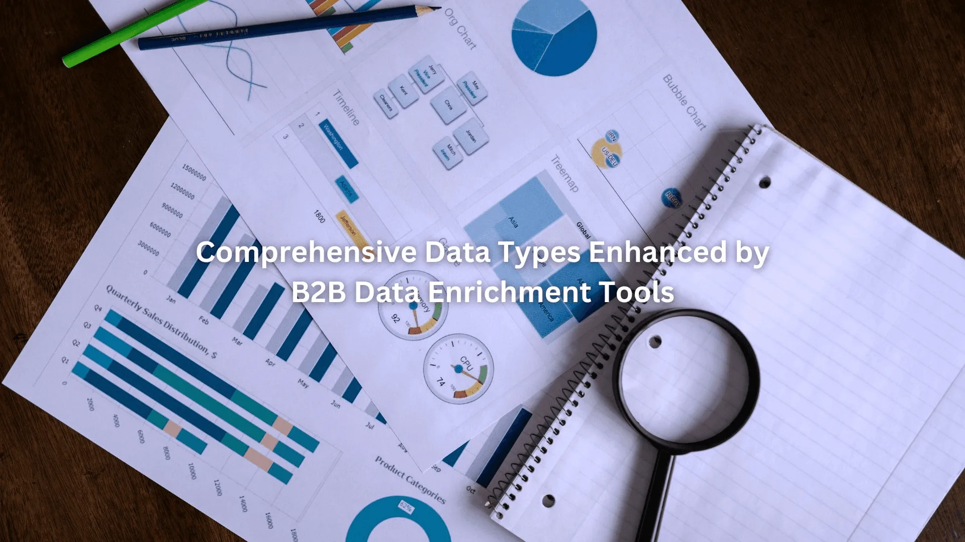 Charts, graphs, and a magnifying glass on a desk illustrating the use of b2b data enrichment tools.