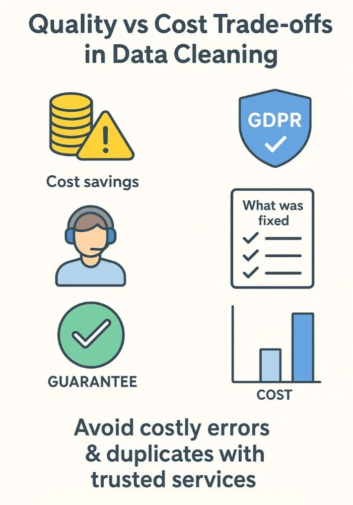 Quality vs cost trade-offs in data cleaning with cost savings, GDPR, guarantee, and error fixes explained.