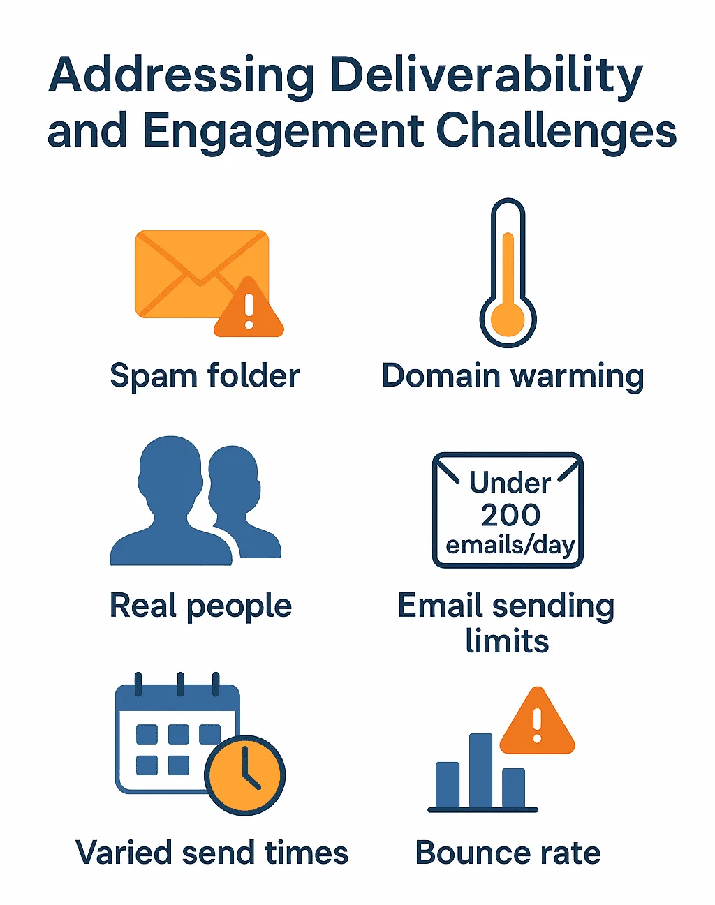 Addressing email deliverability and engagement challenges like spam, domain warming, real people, and send limits.