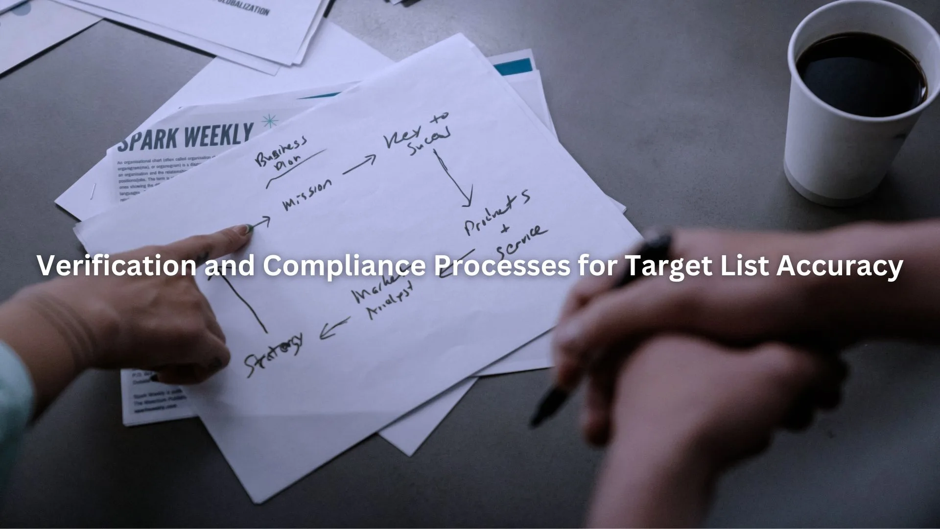 A person's hands writing on a paper document with notes related to a publication and business strategy.