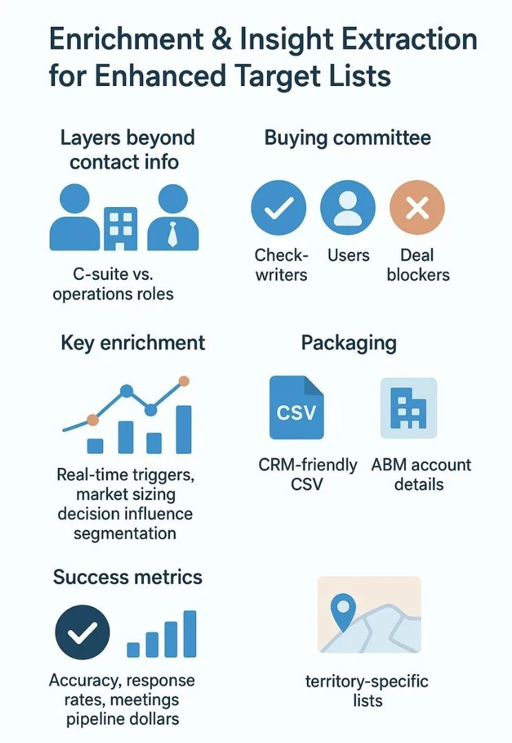 Enrichment and insight extraction for target lists includes roles, buying committee, triggers, packaging, and success metrics.