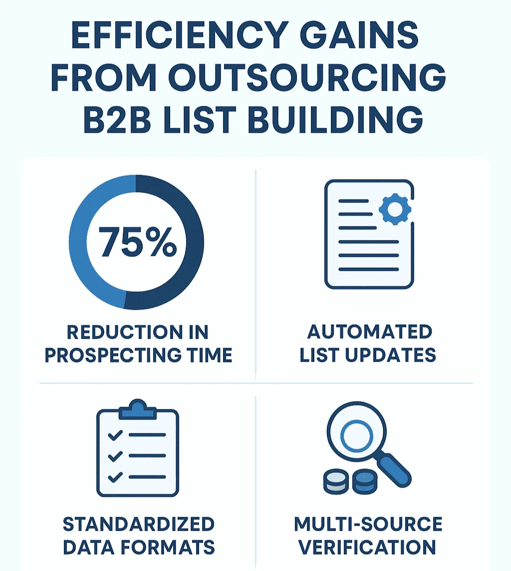 Infographic showing efficiency gains from outsource B2B list building, including 75% less prospecting time and automation.