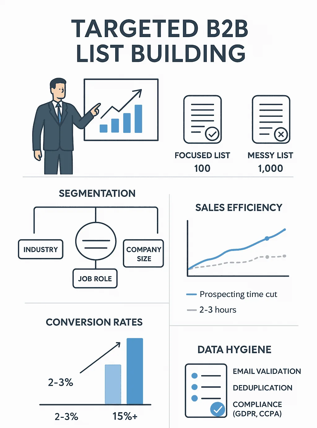 Targeted b2b list building infographic showing segmentation, sales efficiency, and data hygiene benefits.