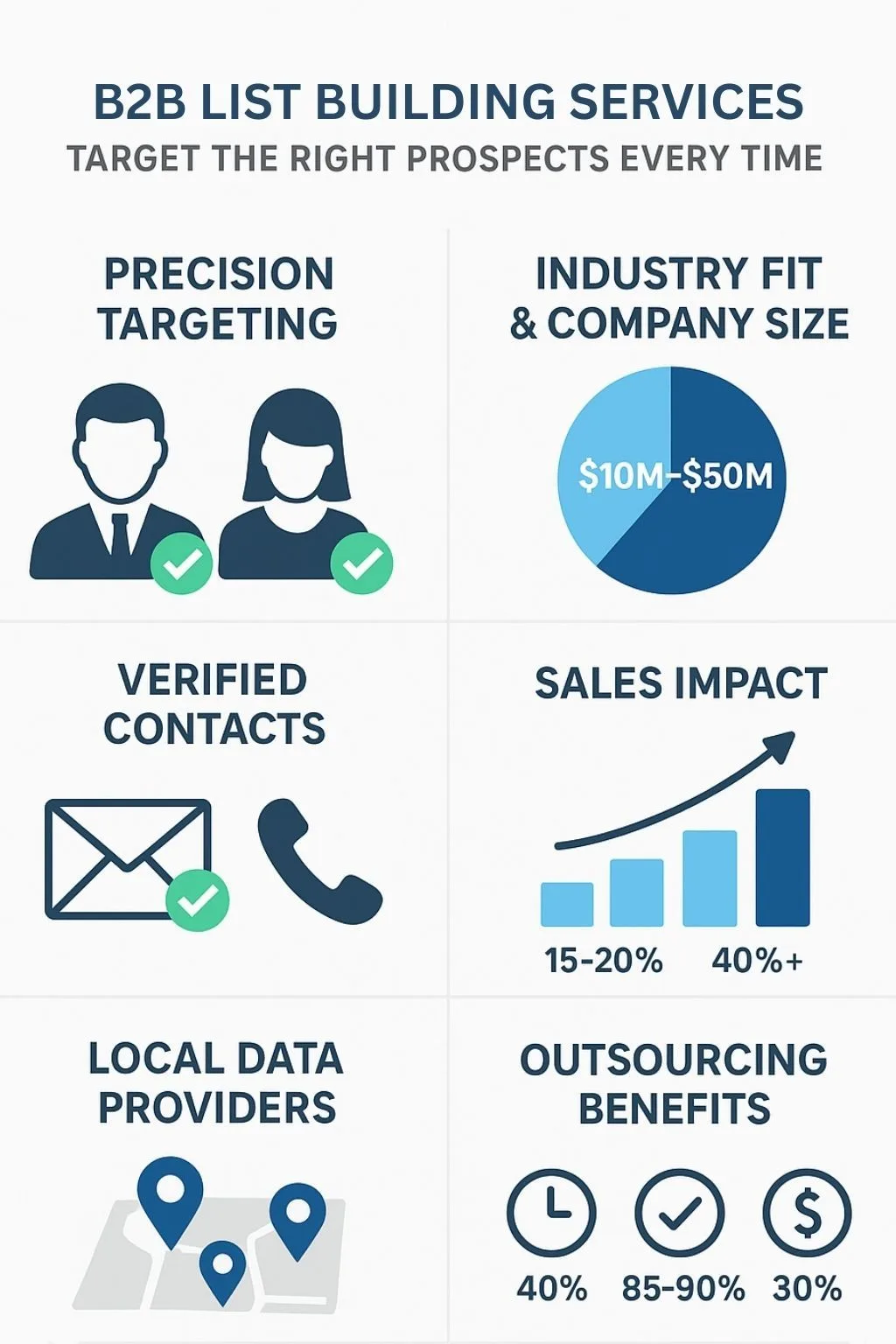 B2B list building infographic showing targeting, validation, sales impact, local data, and outsourcing benefits.