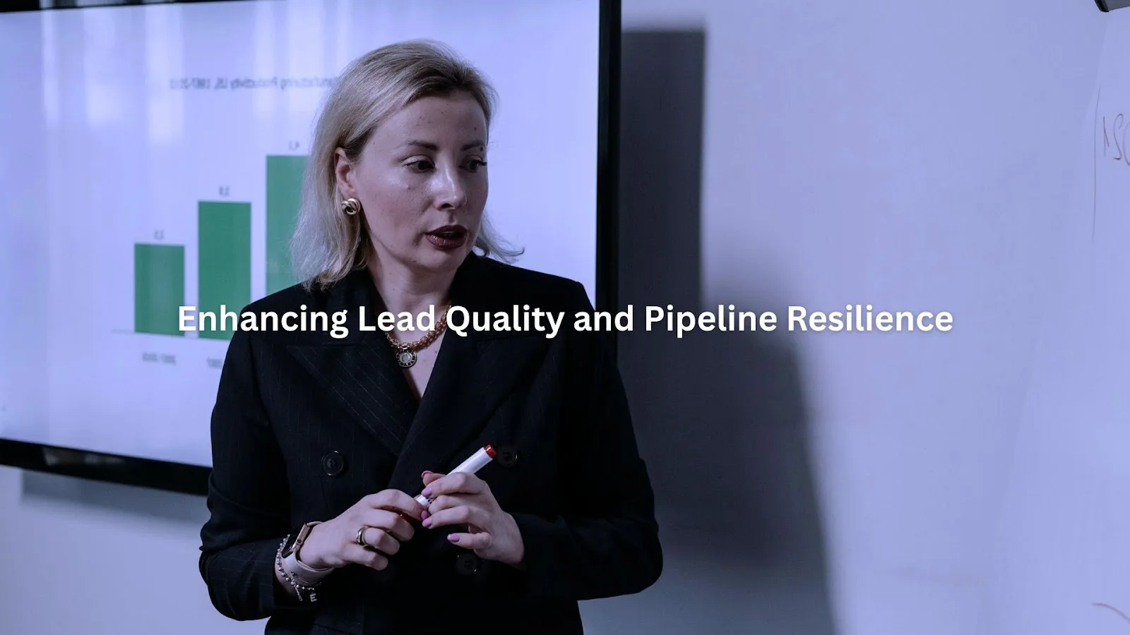 Businesswoman holding a marker while presenting in front of a screen displaying a bar chart, emphasizing lead quality improvement.